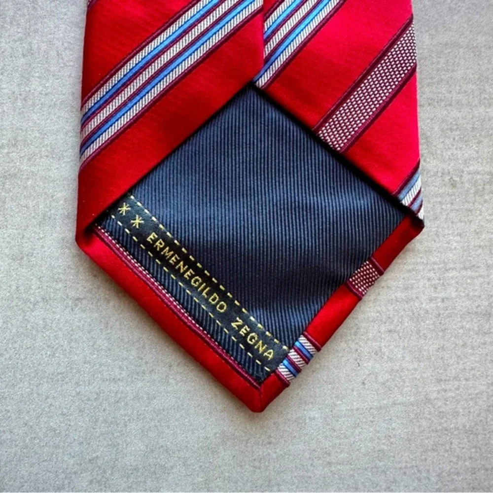 ZEGNA RECENT Red with Grey & Blue Stripes Tie